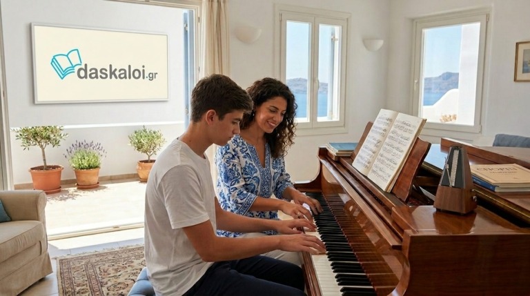 Μάθημα πιάνου στο σπίτι - επαγγελματιας δάσκαλος και μαθήτρια παίζουν πιάνο ιδιαιτερα