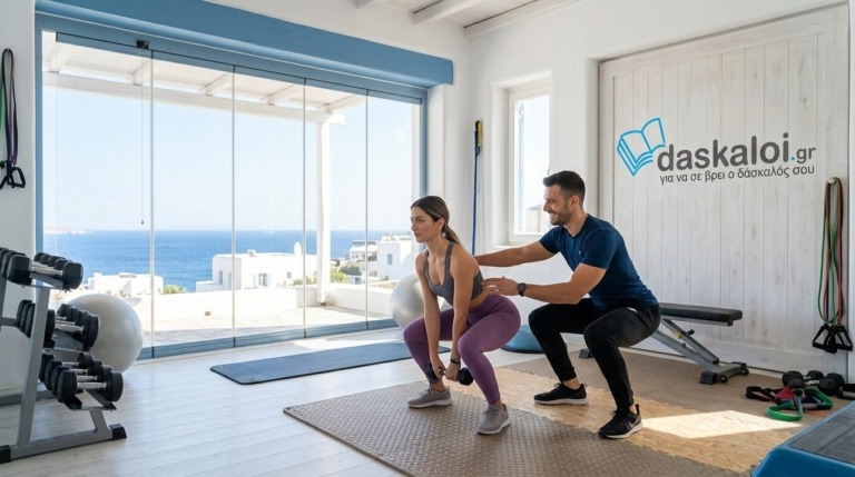 Personal trainer καθοδηγεί ατομική και ομαδική προπόνηση στο σπίτι