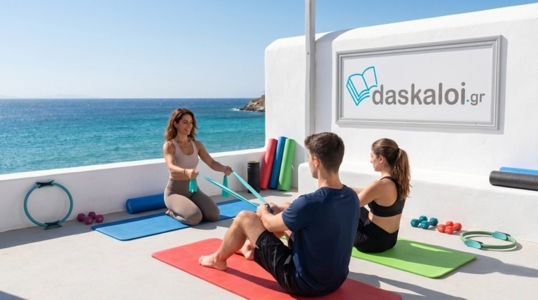 Μάθημα pilates δια ζώσης - δασκάλα πιλάτες καθοδηγεί ατομική και ομαδική προπόνηση